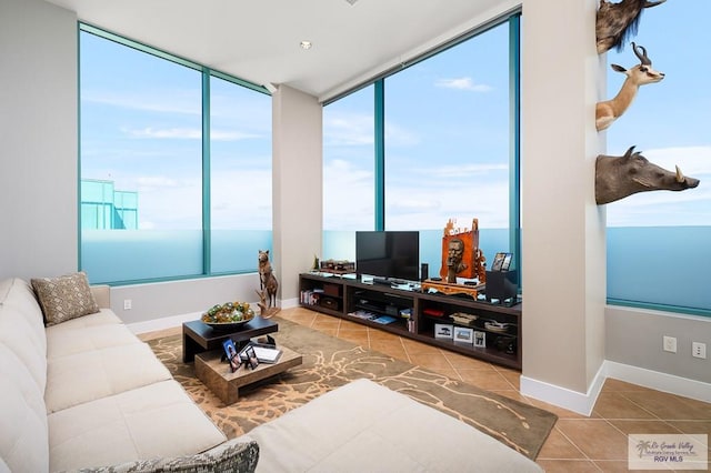 tiled living room with a wall of windows