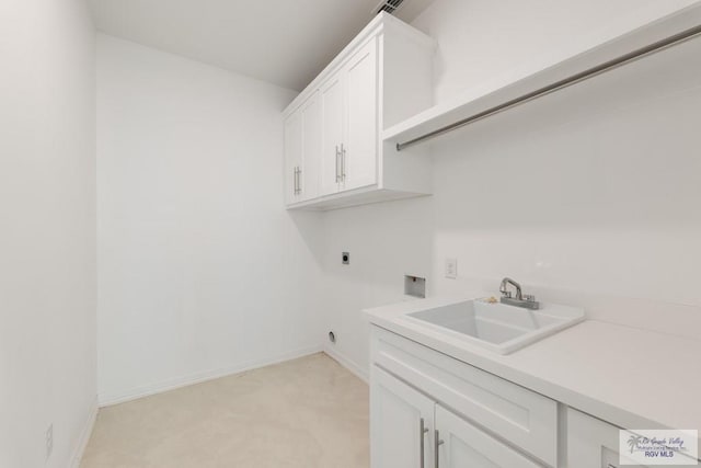 laundry area with sink, cabinets, hookup for a washing machine, light carpet, and hookup for an electric dryer