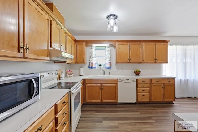 kitchen with a sink, light countertops, under cabinet range hood, dark wood-style flooring, and white appliances