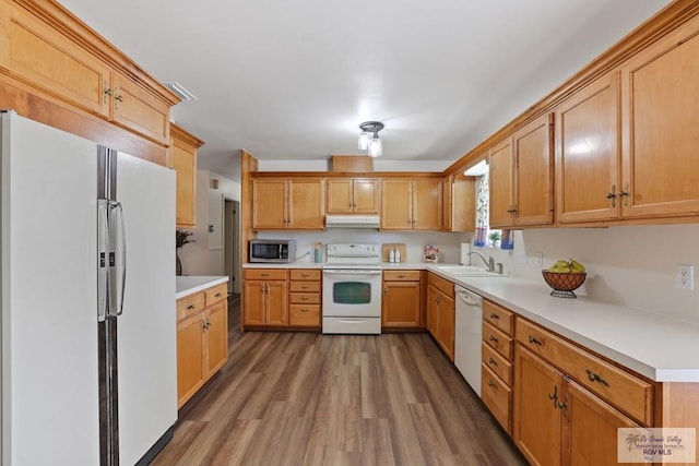 kitchen with wood finished floors, white appliances, under cabinet range hood, light countertops, and a sink