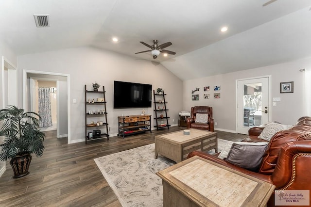 1916 Loquat Dr, Harlingen, TX 78552 - living room with a ceiling fan, vaulted ceiling, baseboards, dark wood-style floors, and recessed lighting