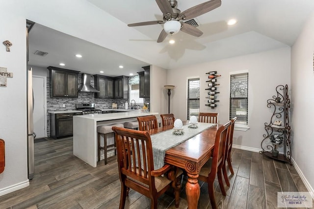 1916 Loquat Dr, Harlingen, TX 78552 - dining space featuring dark wood-style floors, ceiling fan, recessed lighting, and baseboards