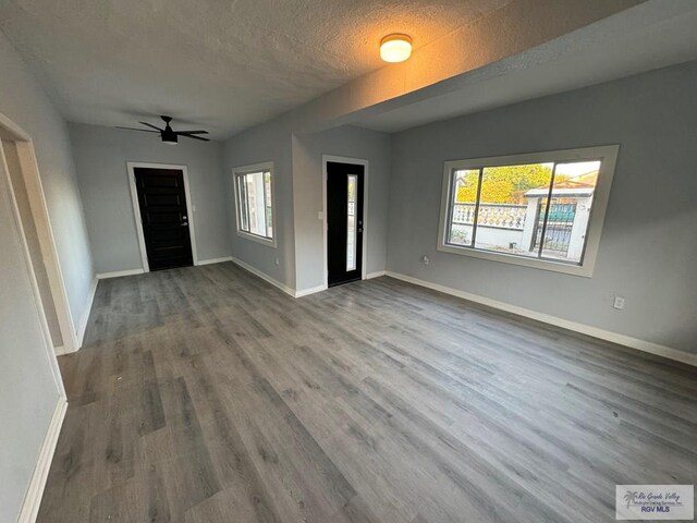 entryway with wood-type flooring, a textured ceiling, and ceiling fan