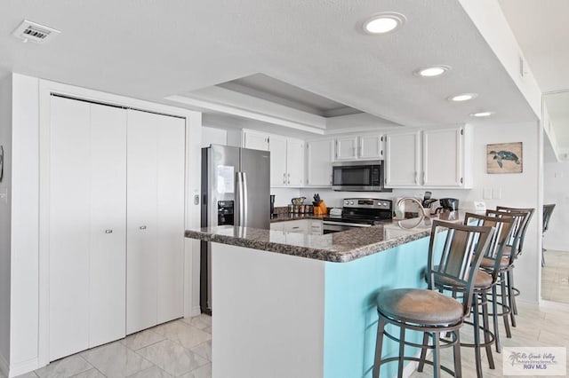 3000 Gulf Blvd, South Padre Island, TX 78597 - kitchen featuring appliances with stainless steel finishes, a raised ceiling, a peninsula, a kitchen breakfast bar, and white cabinetry