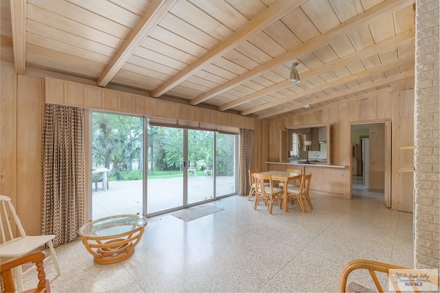 dining room featuring lofted ceiling with beams, wood walls, and wood ceiling