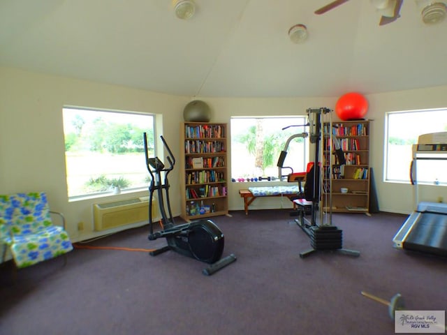 3319 Country Club Dr, Edinburg, TX 78542 - workout area featuring vaulted ceiling, a ceiling fan, carpet, and a wall unit AC
