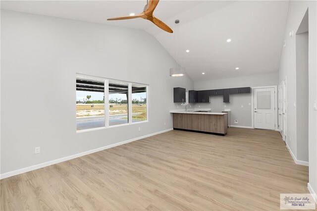 unfurnished living room featuring ceiling fan, sink, high vaulted ceiling, and wood-type flooring