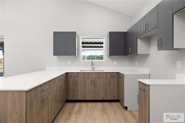 kitchen featuring lofted ceiling, sink, and light hardwood / wood-style flooring