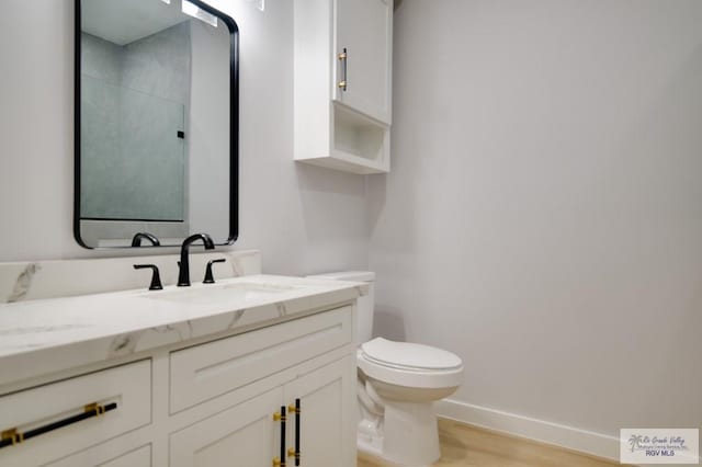 bathroom with vanity, hardwood / wood-style flooring, and toilet