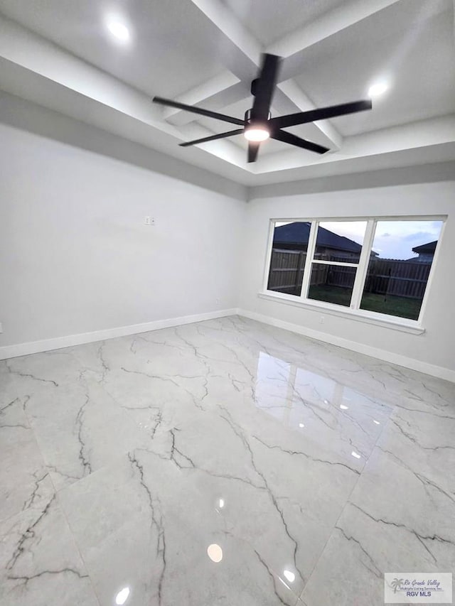 121 Finch Dr, Los Fresnos, TX 78566 - empty room featuring coffered ceiling, ceiling fan, marble finish flooring, beam ceiling, and recessed lighting