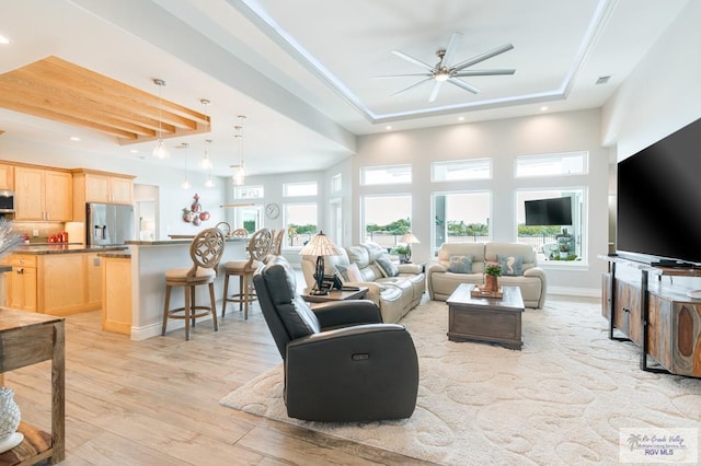 38 Spoonbill Cove Rd, Laguna Vista, TX 78578 - living room featuring a tray ceiling, a ceiling fan, healthy amount of natural light, light wood finished floors, and recessed lighting