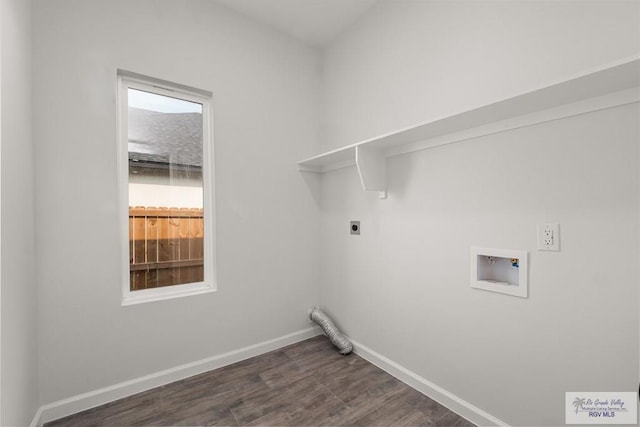 washroom with laundry area, electric dryer hookup, washer hookup, baseboards, and dark wood-style floors