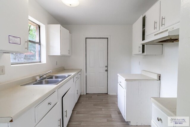 225 Chelo Dr, La Feria, TX 78559 - kitchen with white cabinets, a sink, light wood-style floors, and under cabinet range hood