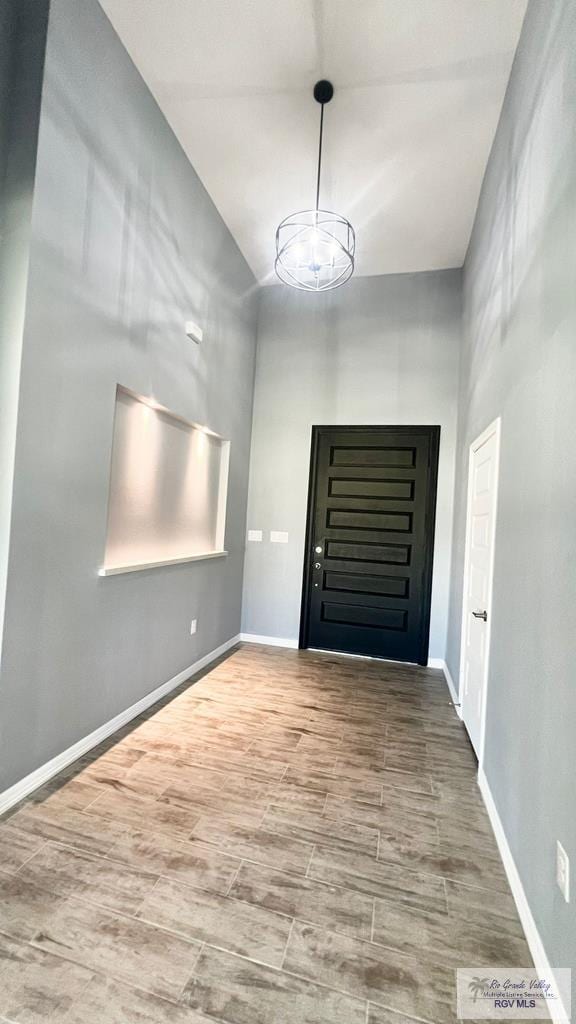 entrance foyer with wood-type flooring and a towering ceiling