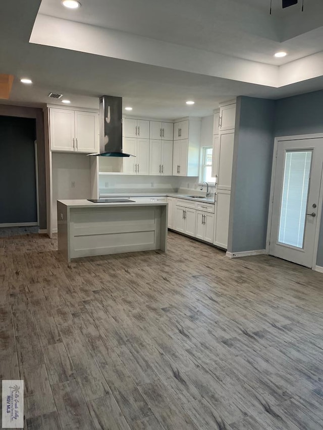6214 Bentwood Dr, Harlingen, TX 78552 - kitchen featuring wall chimney exhaust hood, a tray ceiling, white cabinetry, wood finished floors, and recessed lighting