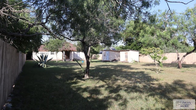 view of yard featuring a storage shed