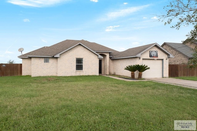 ranch-style home featuring a front yard and a garage