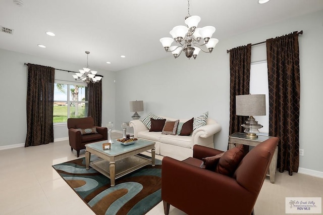 living room with a chandelier