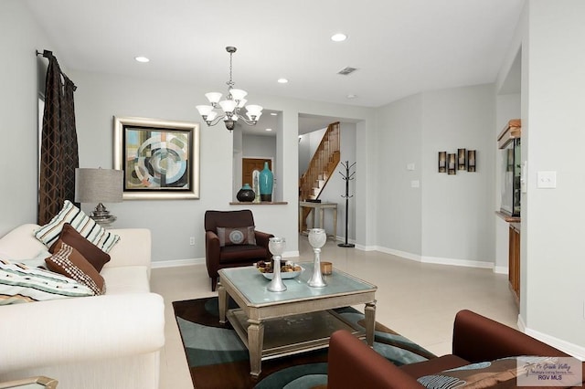 living room with a notable chandelier