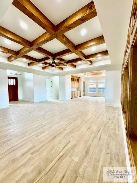 unfurnished living room with ceiling fan, coffered ceiling, beam ceiling, and light wood-type flooring