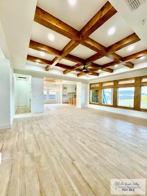 unfurnished living room featuring coffered ceiling, beamed ceiling, ceiling fan, and light wood-type flooring