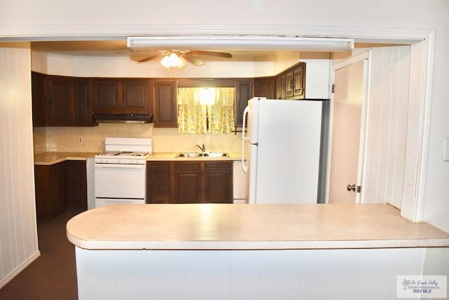 kitchen with ceiling fan, sink, tasteful backsplash, extractor fan, and white appliances