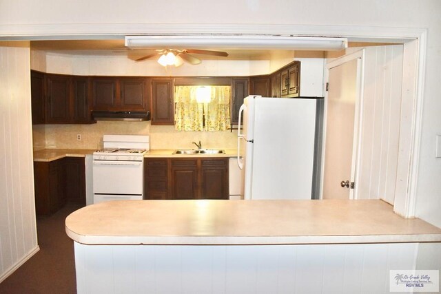 kitchen with under cabinet range hood, white appliances, a sink, and light countertops