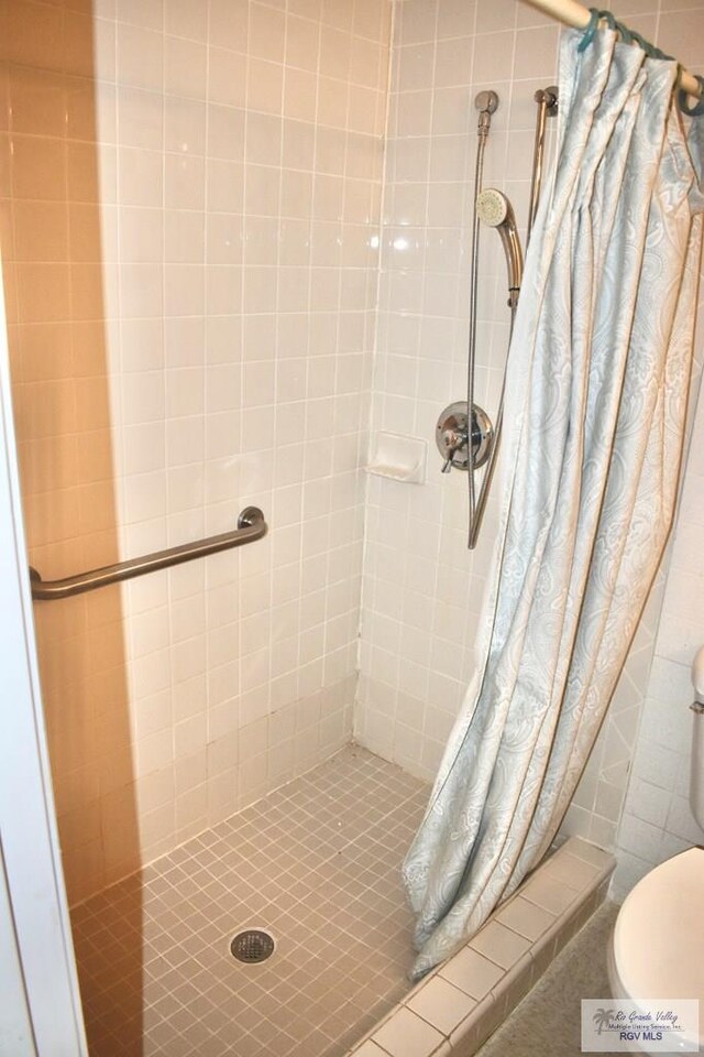 full bathroom with a shower stall and toilet