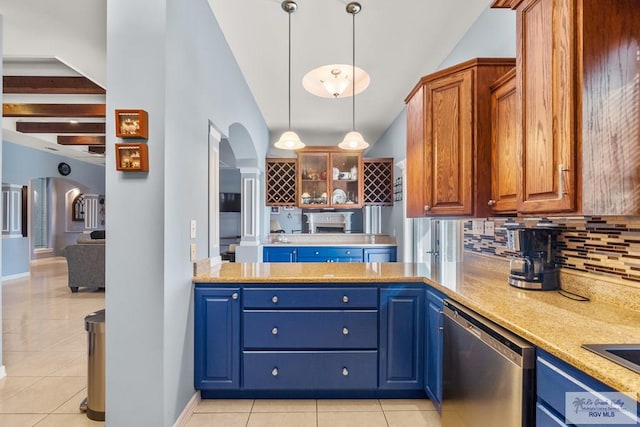 kitchen with light tile patterned flooring, pendant lighting, dishwasher, and backsplash