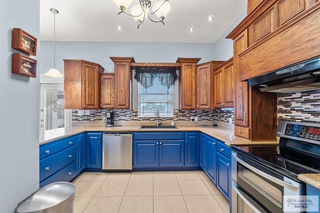 kitchen with appliances with stainless steel finishes, decorative light fixtures, tasteful backsplash, sink, and exhaust hood