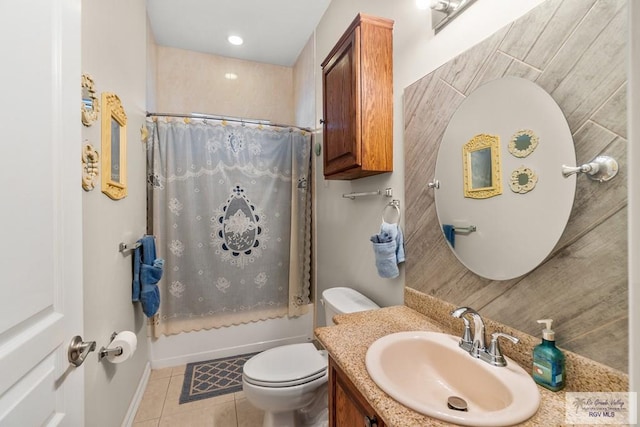 full bathroom with vanity, shower / tub combo with curtain, tile patterned floors, and toilet