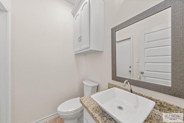 bathroom with vanity, toilet, and wood-type flooring