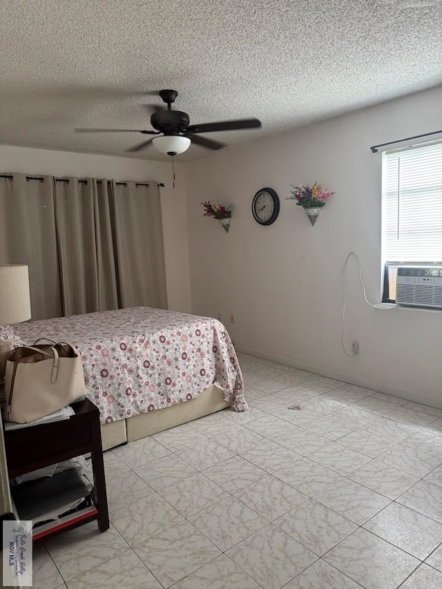 bedroom featuring ceiling fan, a textured ceiling, and cooling unit