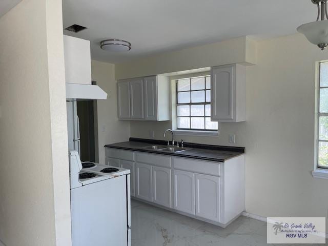 kitchen featuring electric range, a healthy amount of sunlight, white cabinets, and sink