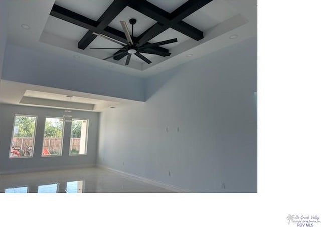 empty room featuring ceiling fan, beam ceiling, and coffered ceiling