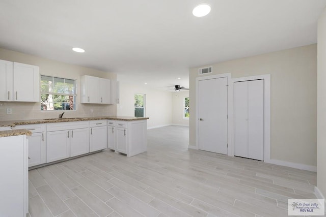 kitchen featuring visible vents, decorative backsplash, white cabinetry, a sink, and a peninsula