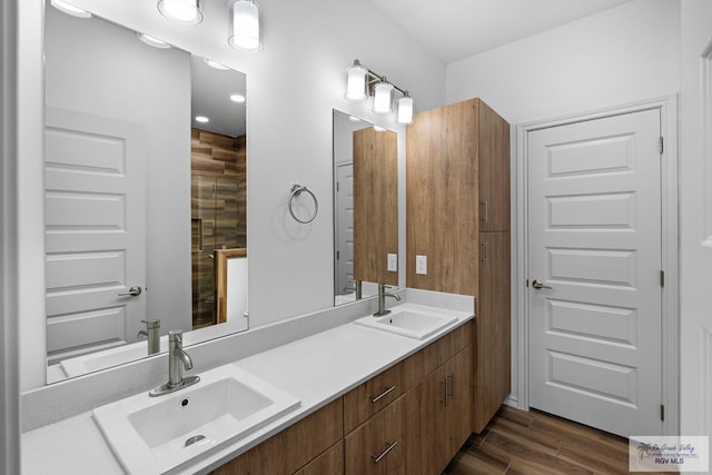 bathroom featuring hardwood / wood-style floors and vanity