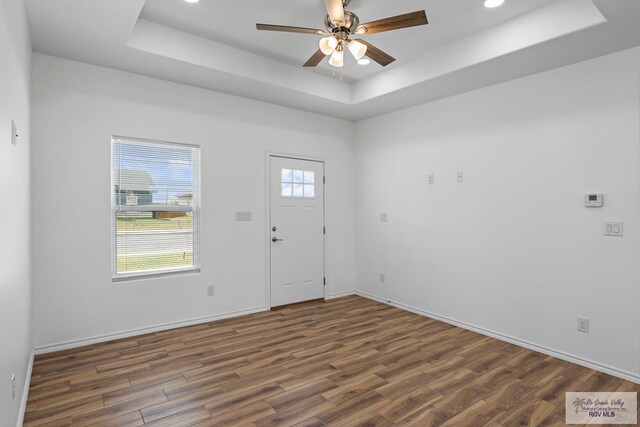 entrance foyer featuring ceiling fan, a raised ceiling, dark wood-type flooring, and a wealth of natural light