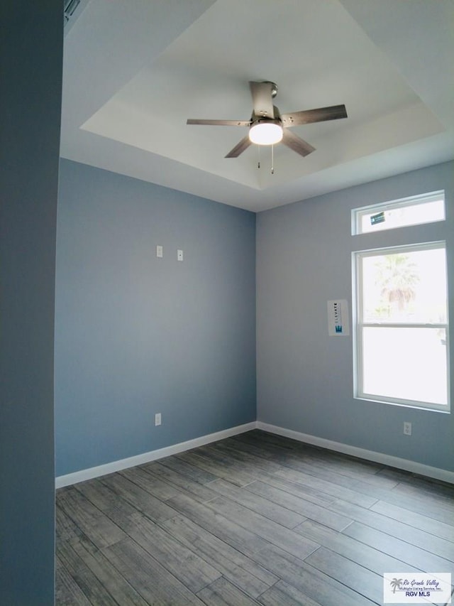 spare room with a tray ceiling, light hardwood / wood-style flooring, and ceiling fan