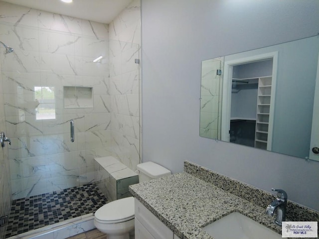 bathroom featuring a shower with door, vanity, and toilet