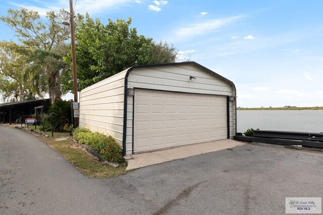 garage with a water view