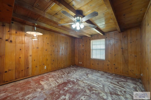 empty room with wooden walls, beamed ceiling, wood ceiling, and ceiling fan