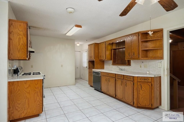 kitchen with black dishwasher, light tile patterned floors, electric range, and ceiling fan