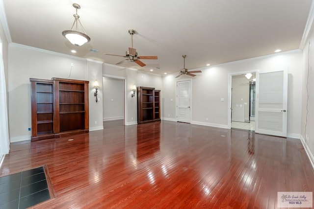 unfurnished living room featuring dark hardwood / wood-style floors, ceiling fan, and crown molding