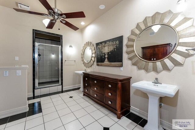 405 E Matz Ave, Harlingen, TX 78550 - full bath featuring ceiling fan, a stall shower, baseboards, tile patterned floors, and recessed lighting