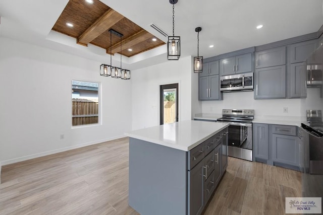 kitchen with light wood-type flooring, beamed ceiling, decorative light fixtures, a kitchen island, and stainless steel appliances