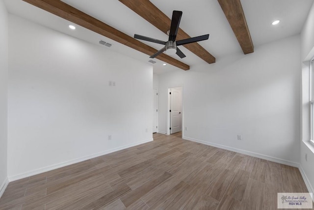 spare room featuring beam ceiling and ceiling fan