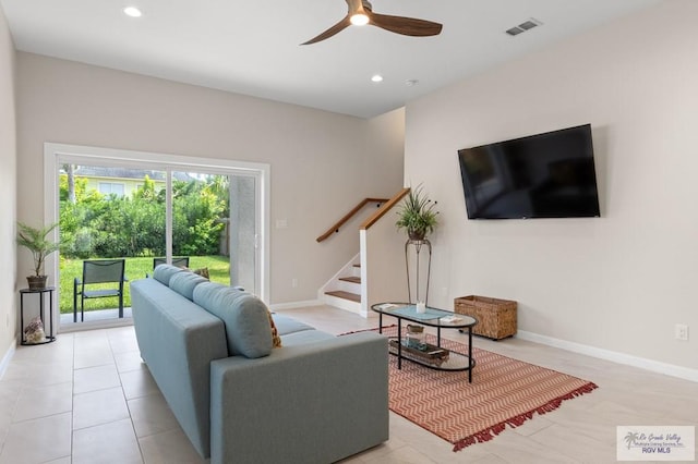 213B W Cora Lee Dr Unit B, South Padre Island, TX 78597 - living area with ceiling fan, stairs, and recessed lighting