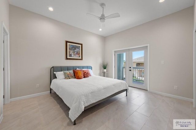 213B W Cora Lee Dr Unit B, South Padre Island, TX 78597 - bedroom with access to exterior, french doors, recessed lighting, a ceiling fan, and light tile patterned floors