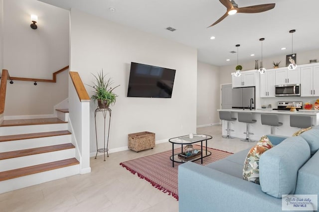 213B W Cora Lee Dr Unit B, South Padre Island, TX 78597 - living area with a ceiling fan, recessed lighting, and stairs